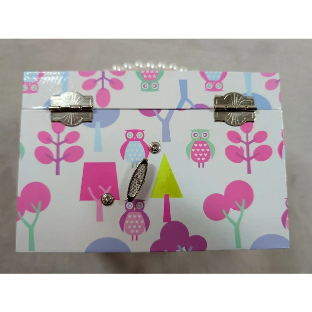 Owl Jewelry Box Purple Pink Green Trees Faux Pearl Handle Drawer Storage Chest